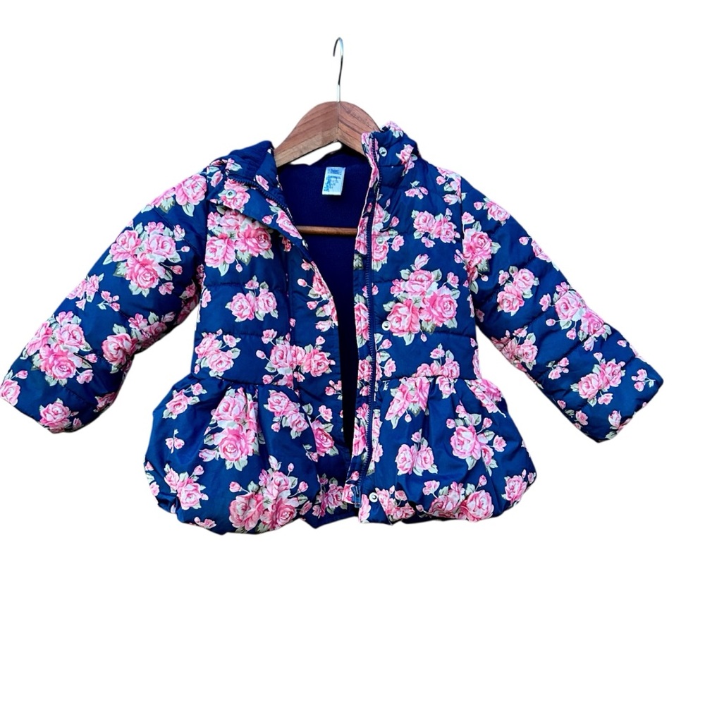 Girls Puffer Jacket Coat Hooded Pink Roses Navy sz.3T